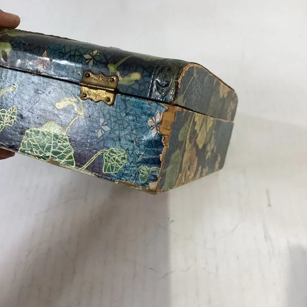 Antique 1900’s Edwardian Lithograph Wooden Jewelry Box W/ Lined Satin - Read